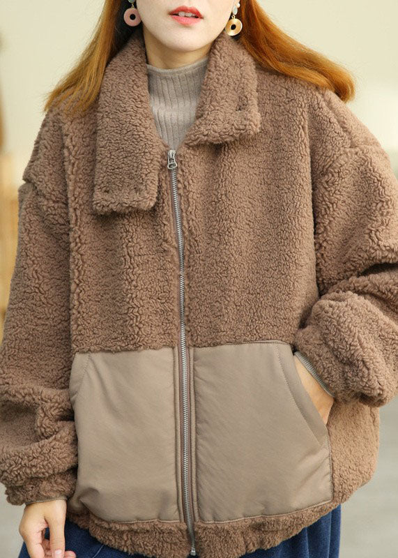 Modern Khaki Peter Pan Collar Patchwork Pockets Teddy Faux Fur Puffers Jackets Winter - Down Jackets - DYAVOR®