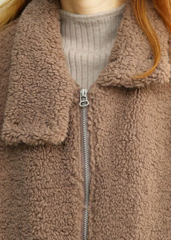 Modern Khaki Peter Pan Collar Patchwork Pockets Teddy Faux Fur Puffers Jackets Winter - Down Jackets - DYAVOR®