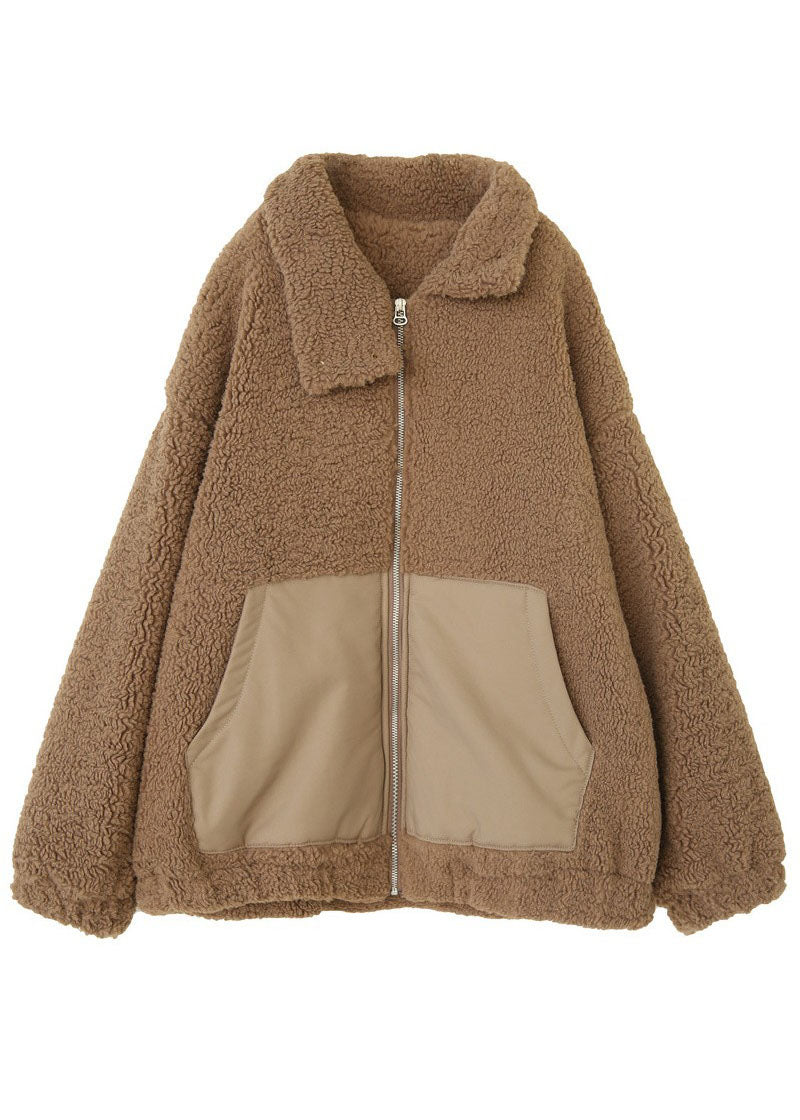Modern Khaki Peter Pan Collar Patchwork Pockets Teddy Faux Fur Puffers Jackets Winter - Down Jackets - DYAVOR®