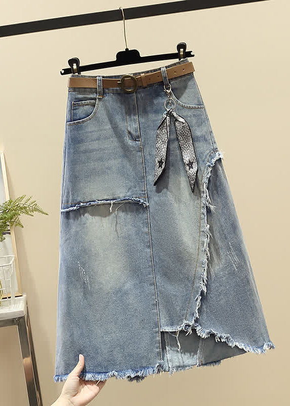 Modern Light Blue High Waist Asymmetrical Sashes Pendant Pockets Cotton Denim Skirt Summer - Skirts - DYAVOR®