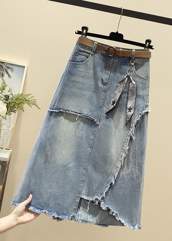 Modern Light Blue High Waist Asymmetrical Sashes Pendant Pockets Cotton Denim Skirt Summer - Skirts - DYAVOR®