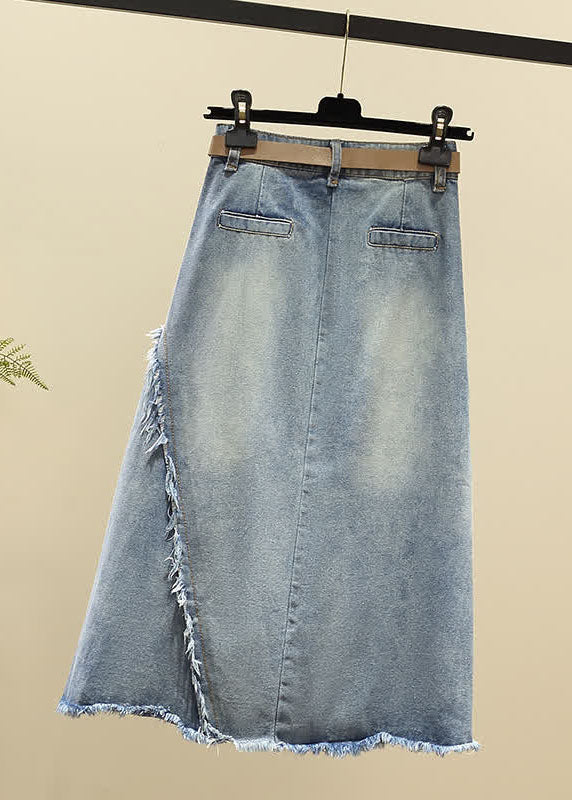 Modern Light Blue High Waist Asymmetrical Sashes Pendant Pockets Cotton Denim Skirt Summer - Skirts - DYAVOR®