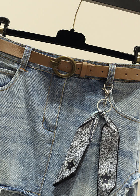 Modern Light Blue High Waist Asymmetrical Sashes Pendant Pockets Cotton Denim Skirt Summer - Skirts - DYAVOR®
