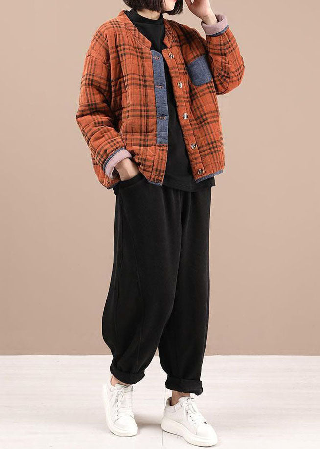 Modern Orange Plaid Fine Cotton Filled Parka Jacket Winter - Down Jackets - DYAVOR®