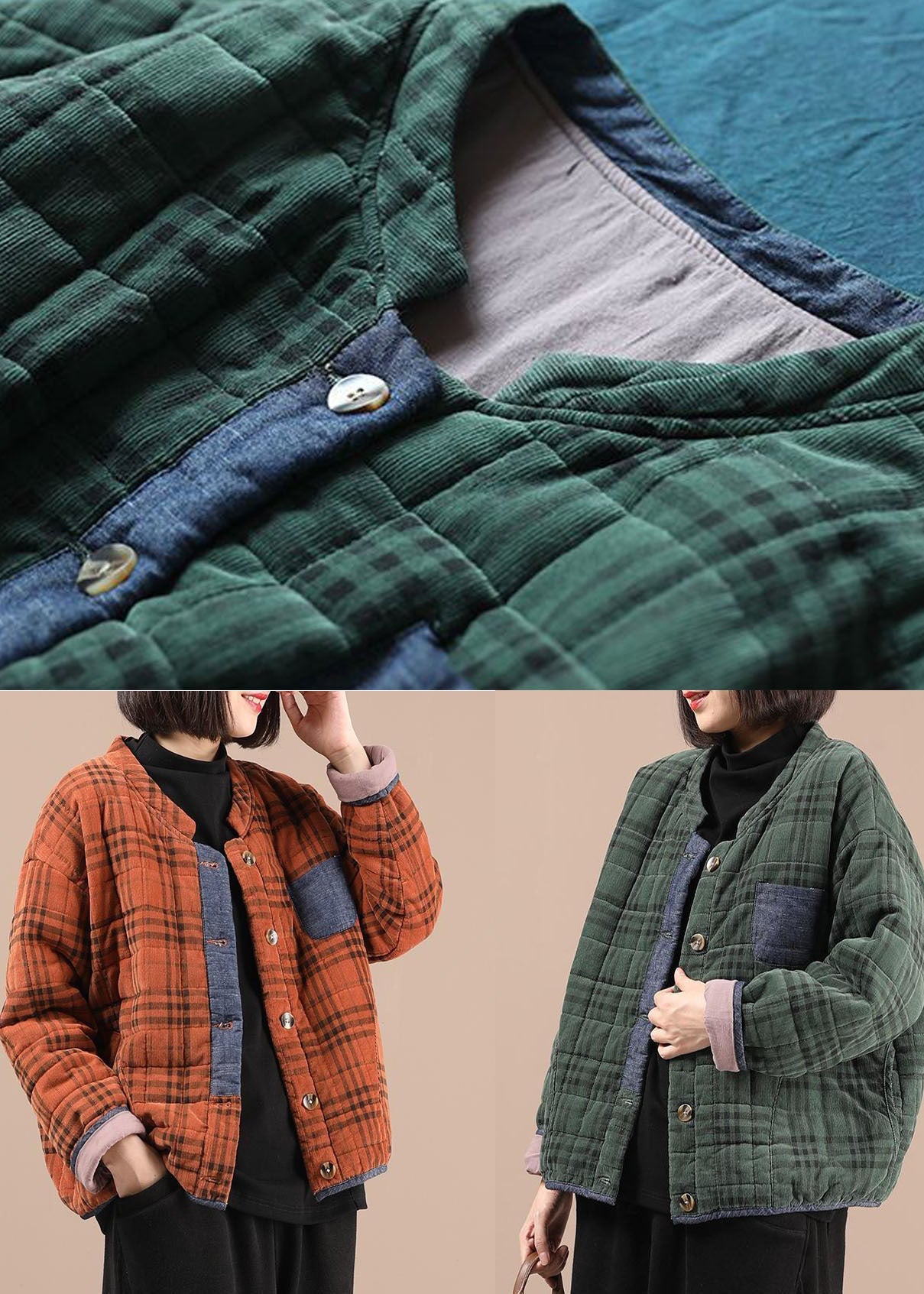 Modern Orange Plaid Fine Cotton Filled Parka Jacket Winter - Down Jackets - DYAVOR®