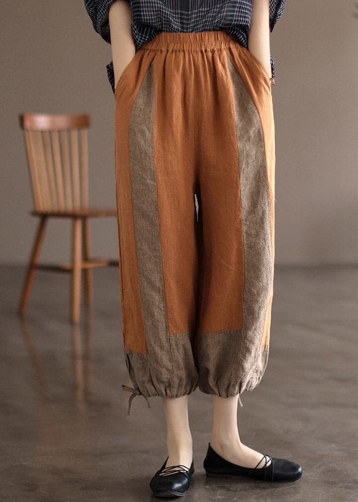 Modern Orange Pockets Patchwork Linen Lantern Pants Summer - Crop Pants - DYAVOR®