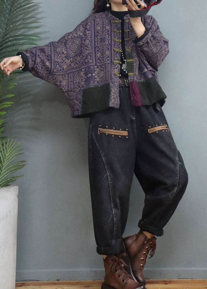 Modern Purple Print Button Fine Cotton Filled Winter Coats - Down Jackets - DYAVOR®