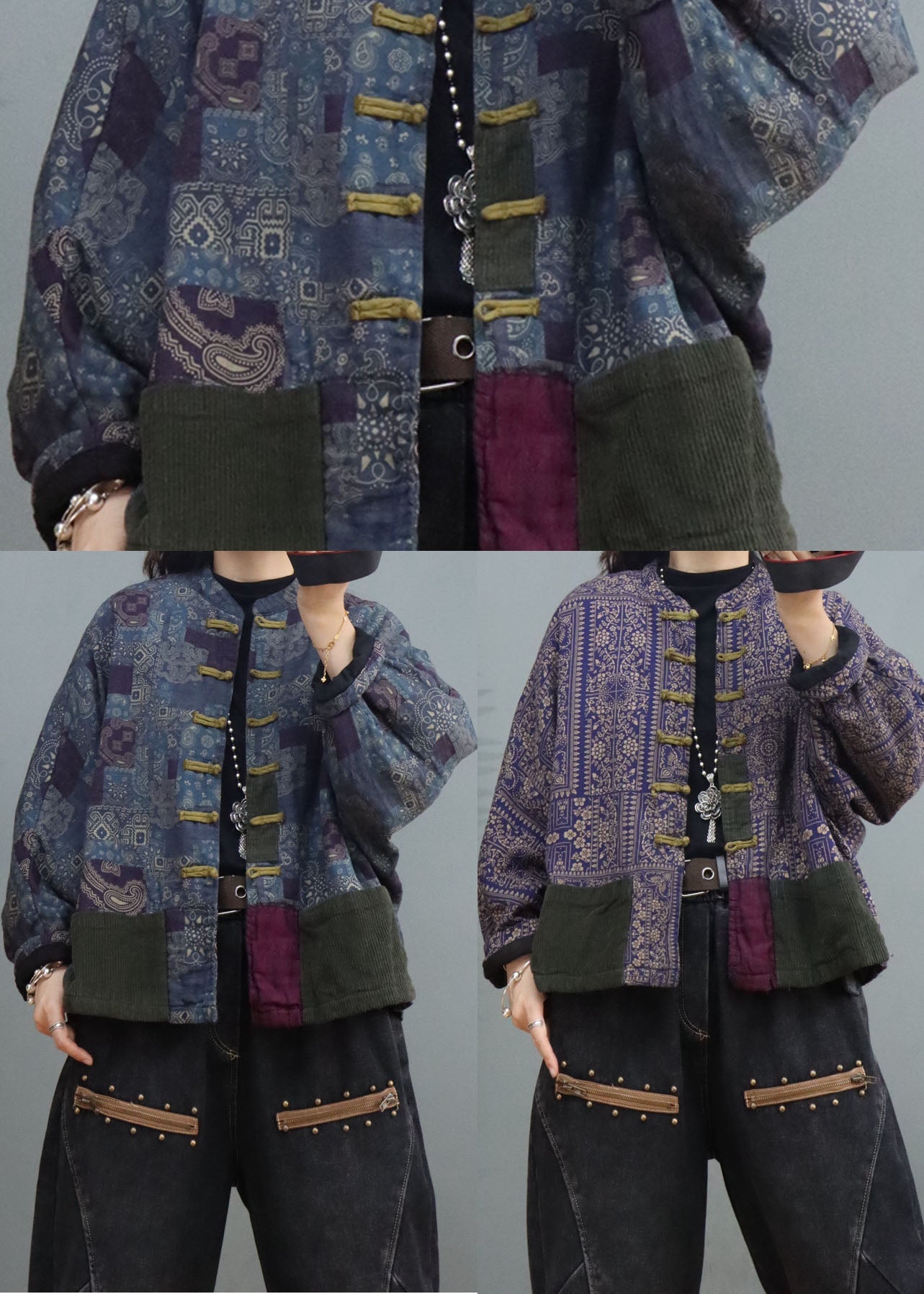 Modern Purple Print Button Fine Cotton Filled Winter Coats - Down Jackets - DYAVOR®