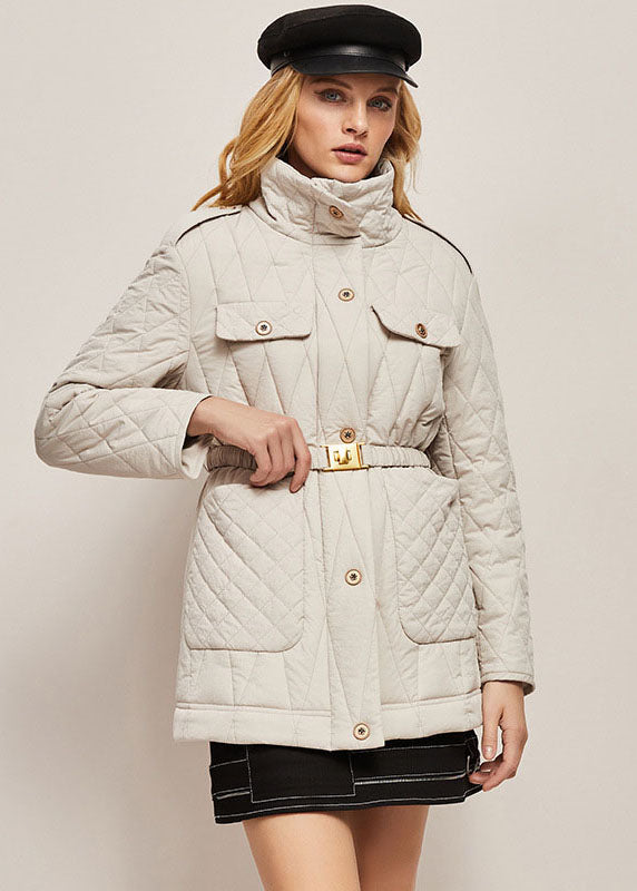 Modern White Stand Collar Pockets Fine Cotton Filled Cinch Jackets Winter - Down Jackets - DYAVOR®