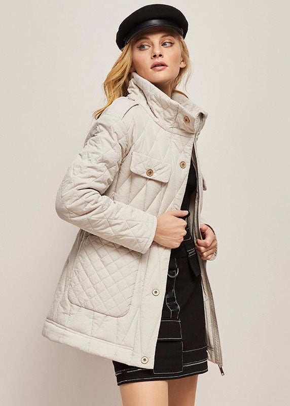 Modern White Stand Collar Pockets Fine Cotton Filled Cinch Jackets Winter - Down Jackets - DYAVOR®