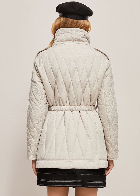 Modern White Stand Collar Pockets Fine Cotton Filled Cinch Jackets Winter - Down Jackets - DYAVOR®
