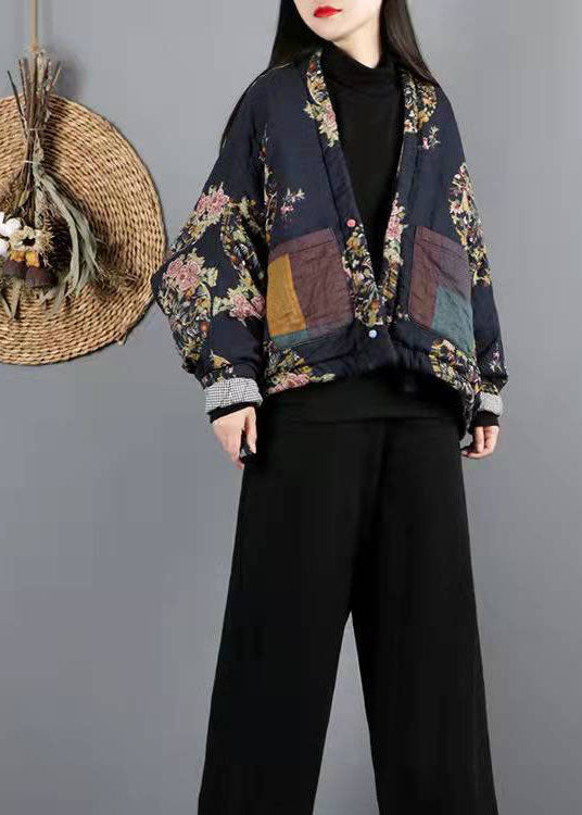 Navy Pockets Print Fine Cotton Filled Winter Coat - Down Jackets - DYAVOR®