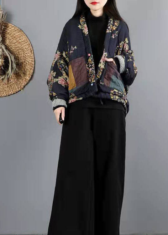 Navy Pockets Print Fine Cotton Filled Winter Coat - Down Jackets - DYAVOR®