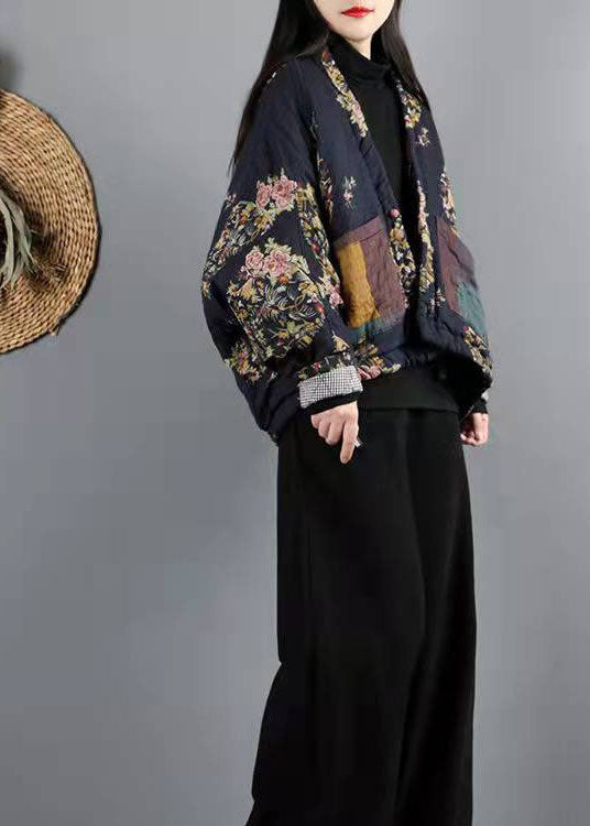 Navy Pockets Print Fine Cotton Filled Winter Coat - Down Jackets - DYAVOR®