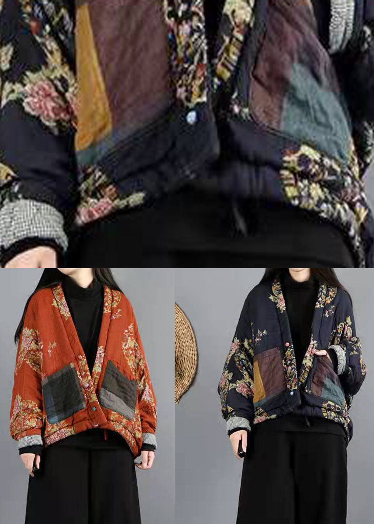 Navy Pockets Print Fine Cotton Filled Winter Coat - Down Jackets - DYAVOR®