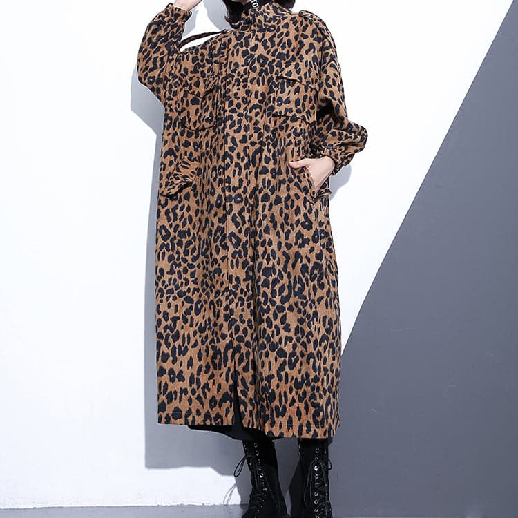 New Leopard coats plus size clothing Stand zippered trench coat women long sleeve pockets baggy cotton blended Coat - - DYAVOR®