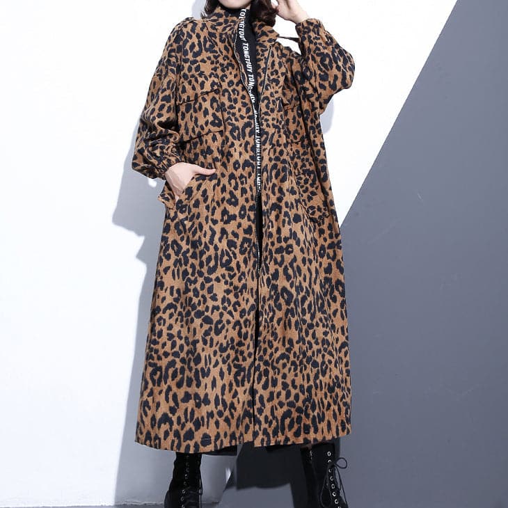 New Leopard coats plus size clothing Stand zippered trench coat women long sleeve pockets baggy cotton blended Coat - - DYAVOR®