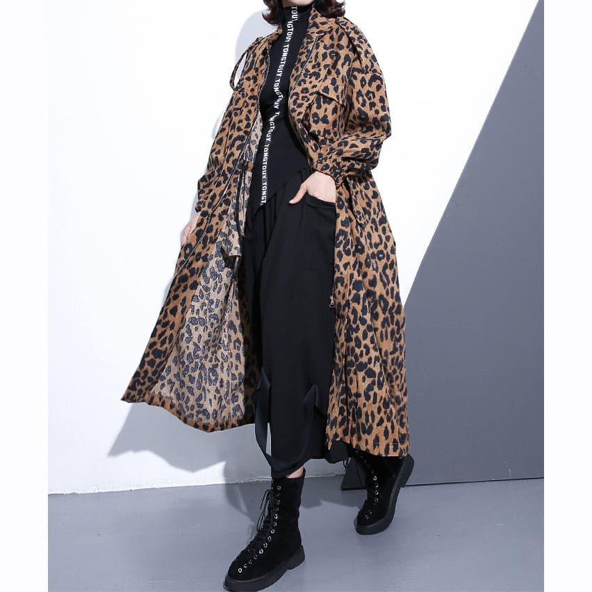 New Leopard coats plus size clothing Stand zippered trench coat women long sleeve pockets baggy cotton blended Coat - - DYAVOR®