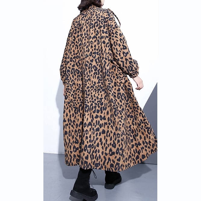 New Leopard coats plus size clothing Stand zippered trench coat women long sleeve pockets baggy cotton blended Coat - - DYAVOR®