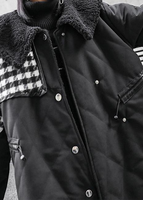 New Loose fitting winter jacket overcoat black patchwork plaid Sailor Collar coat - - DYAVOR®