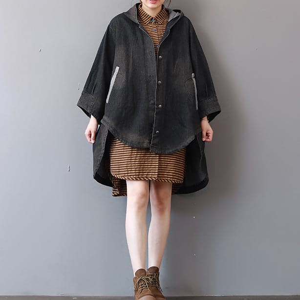 New dark gray denim coats trendy plus size hooded trench coat fine low high design coat - - DYAVOR®