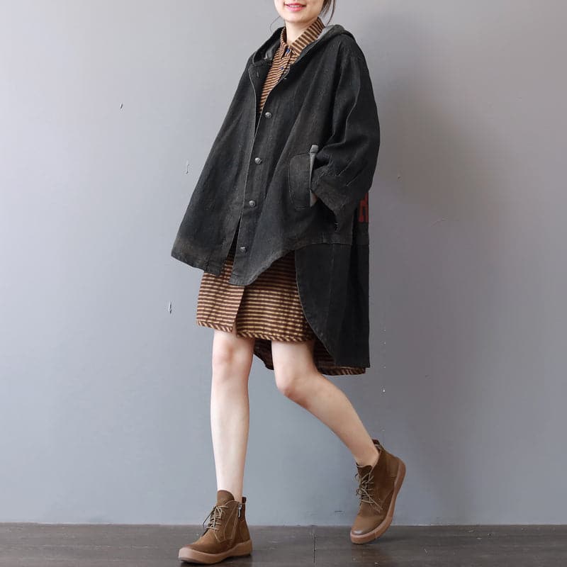 New dark gray denim coats trendy plus size hooded trench coat fine low high design coat - - DYAVOR®