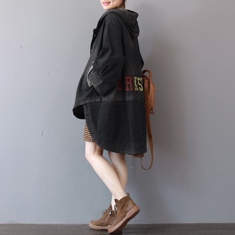 New dark gray denim coats trendy plus size hooded trench coat fine low high design coat - - DYAVOR®