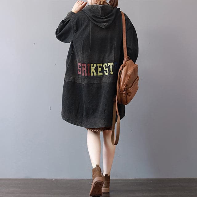 New dark gray denim coats trendy plus size hooded trench coat fine low high design coat - - DYAVOR®