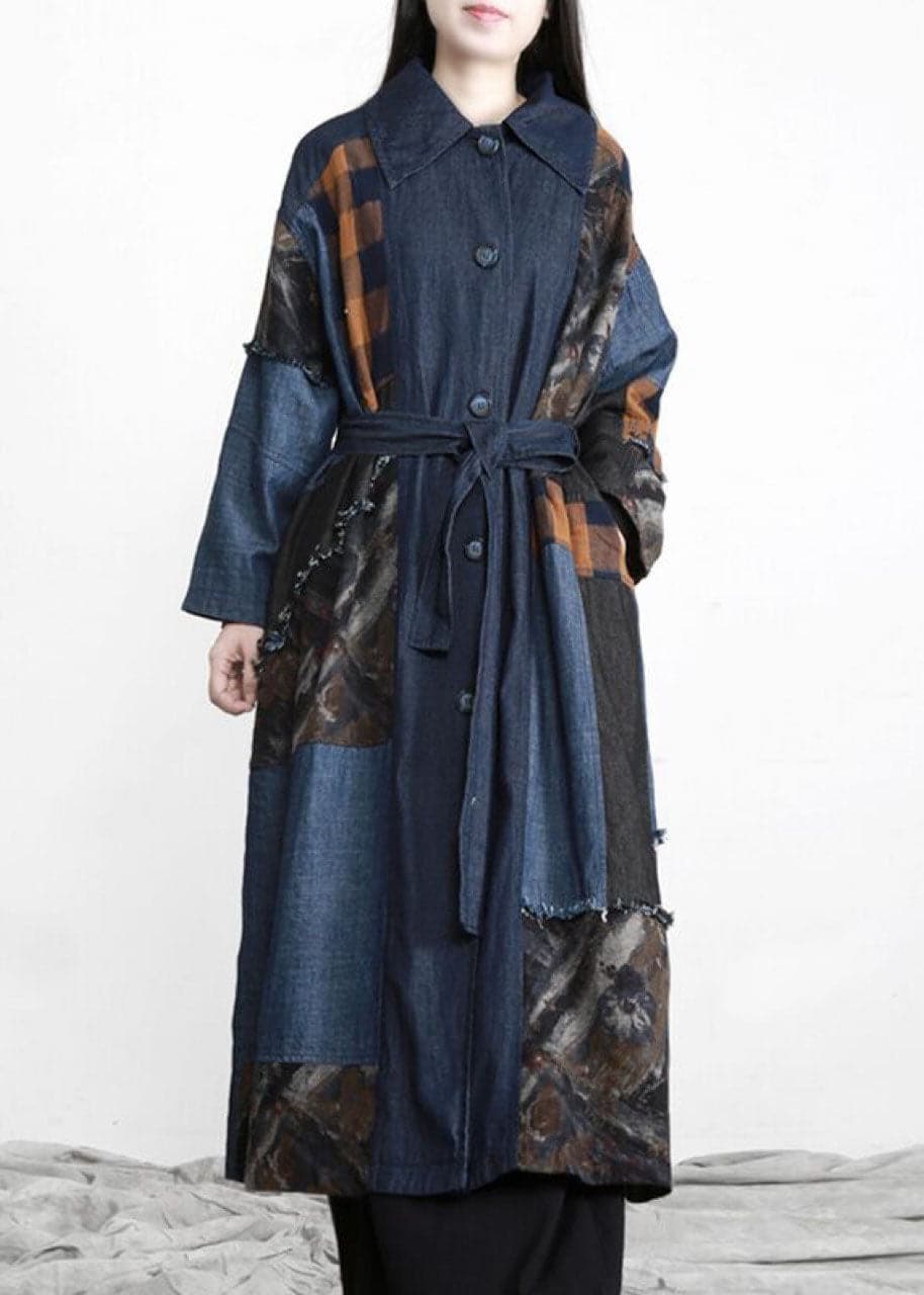 New denim blue Patchwork Button tie waist Fall trench coats - Coats - DYAVOR®