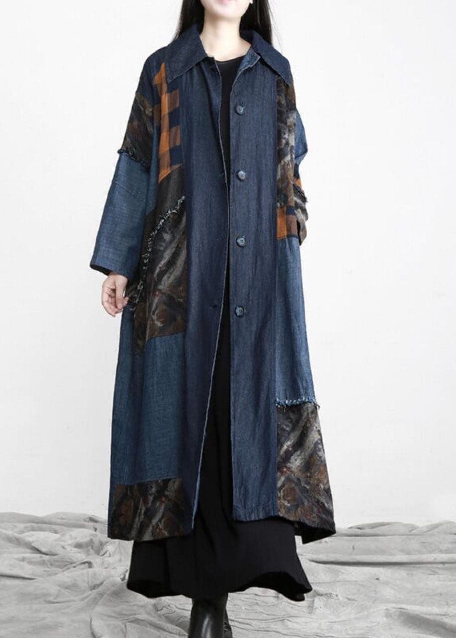 New denim blue Patchwork Button tie waist Fall trench coats - Coats - DYAVOR®