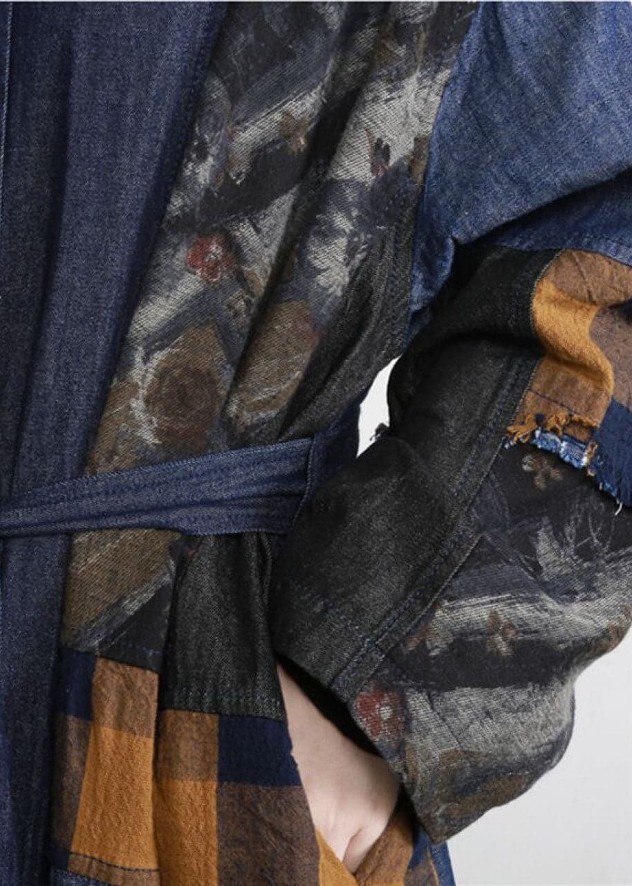 New denim blue Patchwork Button tie waist Fall trench coats - Coats - DYAVOR®