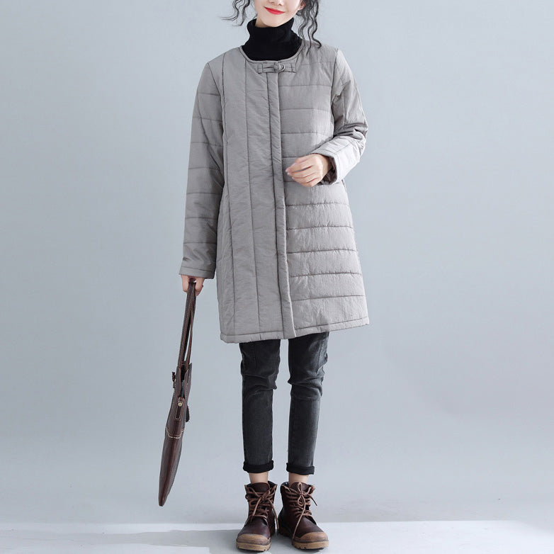 New gray Parkas Loose fitting o neck snow jackets Elegant Chinese Button winter outwear - - DYAVOR®
