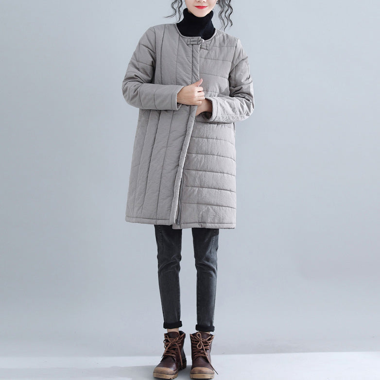 New gray Parkas Loose fitting o neck snow jackets Elegant Chinese Button winter outwear - - DYAVOR®