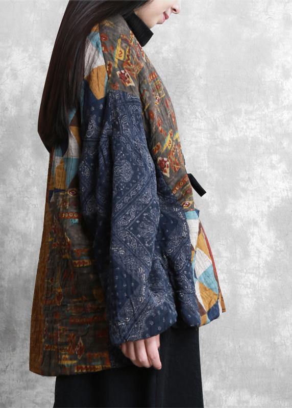 New plus size clothing winter outwear yellow print v neck patchwork Parkas for women - - DYAVOR®