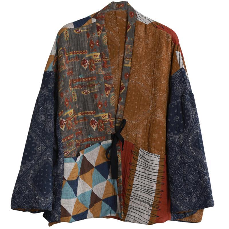 New plus size clothing winter outwear yellow print v neck patchwork Parkas for women - - DYAVOR®