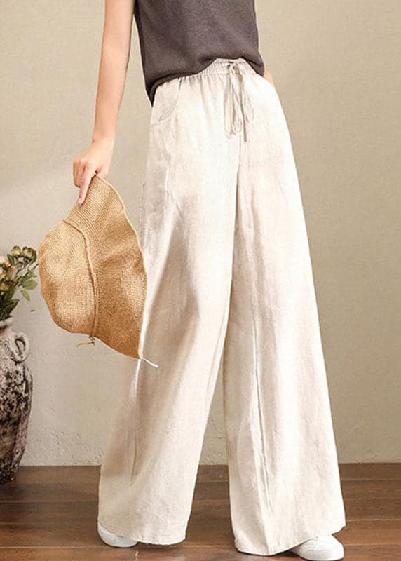 Orange Elastic Waist Linen Straight Pants Solid Color Drawstring Summer - Pants - DYAVOR®