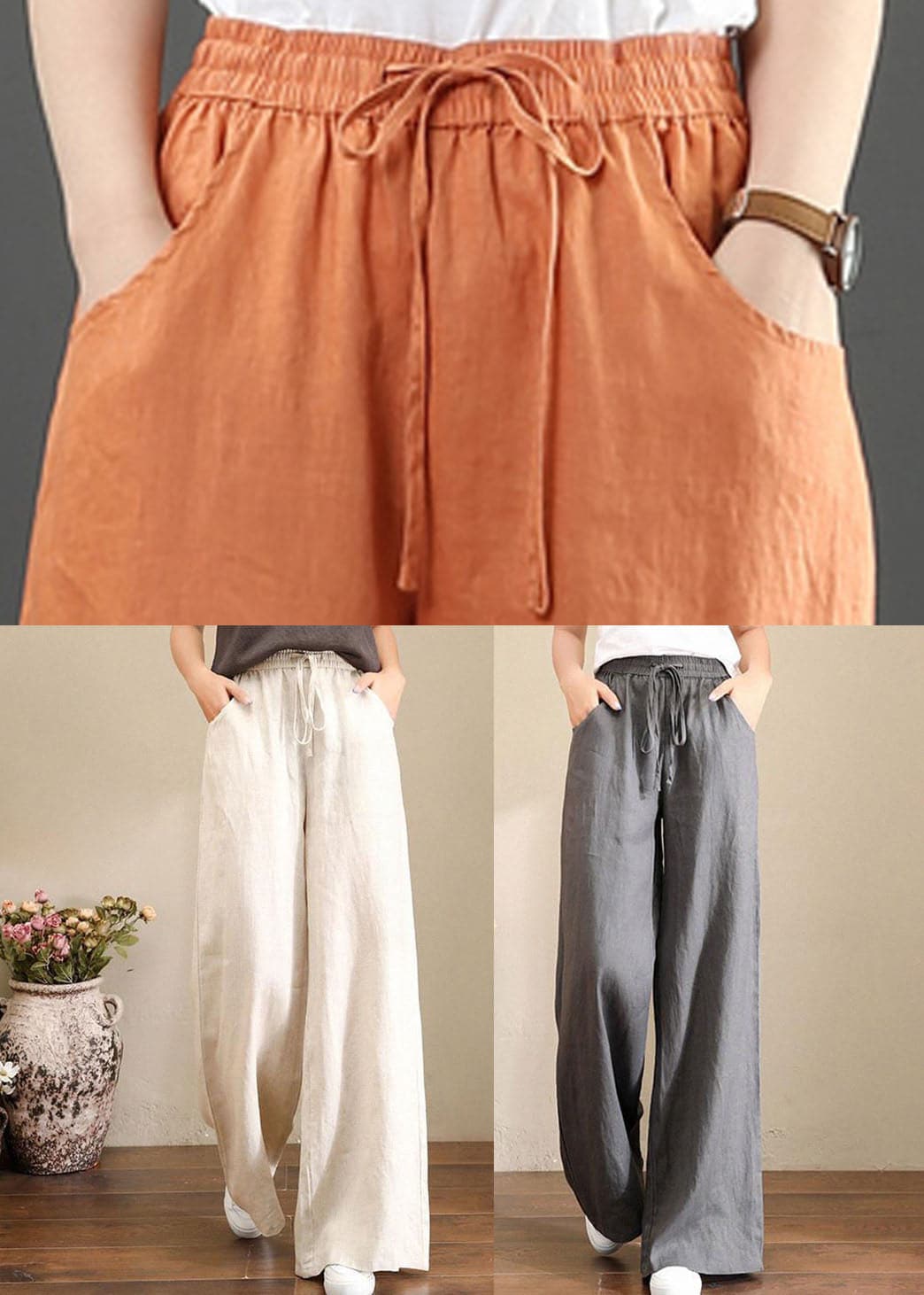 Orange Elastic Waist Linen Straight Pants Solid Color Drawstring Summer - Pants - DYAVOR®