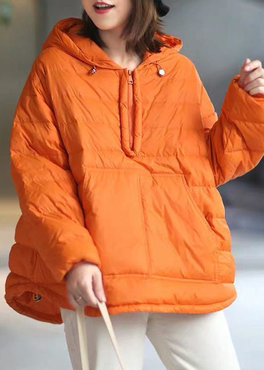 Orange Hooded Zippered Pockets Winter Duck Down Long Sleeve Down Jacket - Down Jackets - DYAVOR®