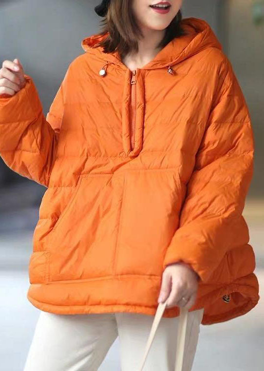 Orange Hooded Zippered Pockets Winter Duck Down Long Sleeve Down Jacket - Down Jackets - DYAVOR®