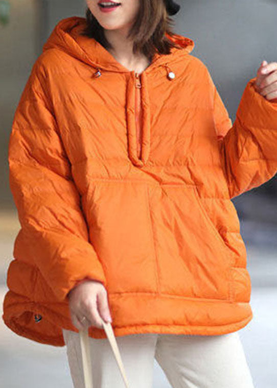 Orange Hooded Zippered Pockets Winter Duck Down Long Sleeve Down Jacket - Down Jackets - DYAVOR®