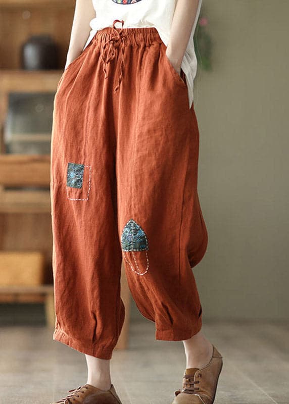 Orange Pockets Tie Waist Linen Harem Pants Summer - Pants - DYAVOR®