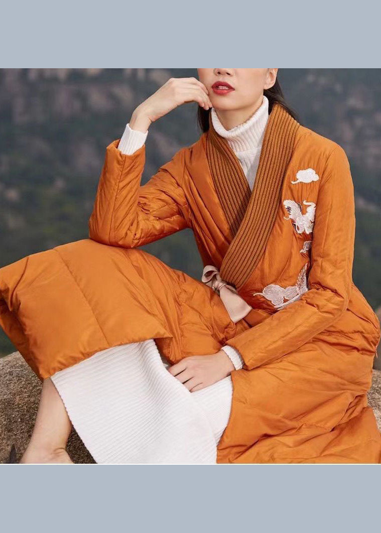 Orange Thick Duck Down Puffers Coat Embroideried V Neck Winter - Down Jackets - DYAVOR®