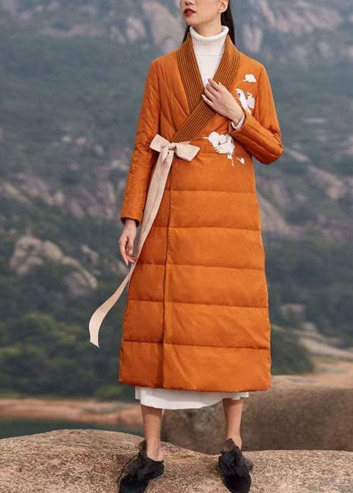 Orange Thick Duck Down Puffers Coat Embroideried V Neck Winter - Down Jackets - DYAVOR®