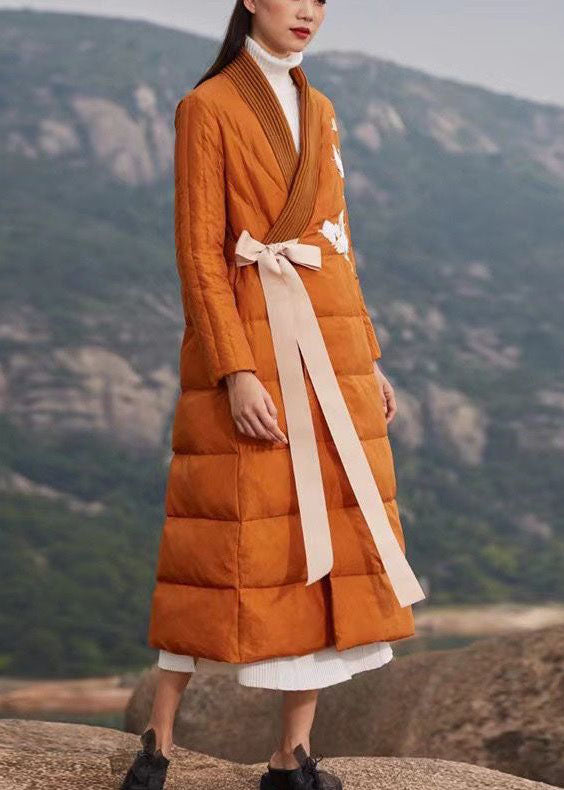 Orange Thick Duck Down Puffers Coat Embroideried V Neck Winter - Down Jackets - DYAVOR®