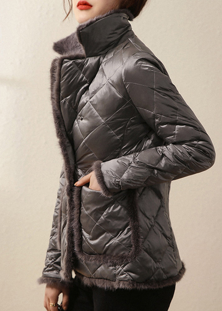 Organic Black Stand Collar Button Pockets Patchwork Mink Hair Down Filled Coats Long Sleeve - Down Jackets - DYAVOR®