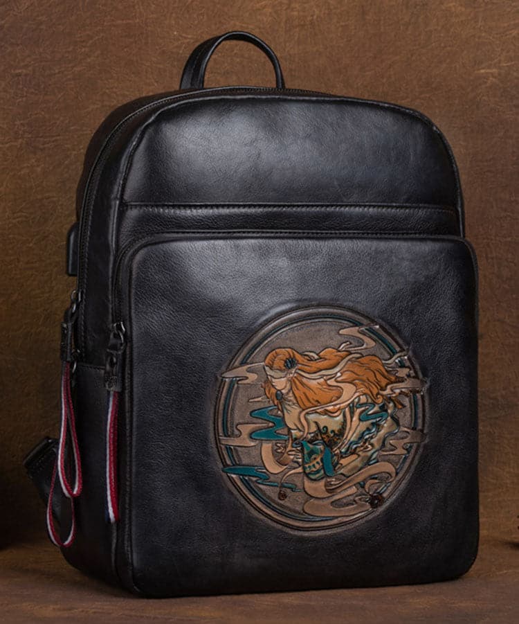 Organic Black character Paitings Calf Leather Tote Handbag - Backpack Bag - DYAVOR®