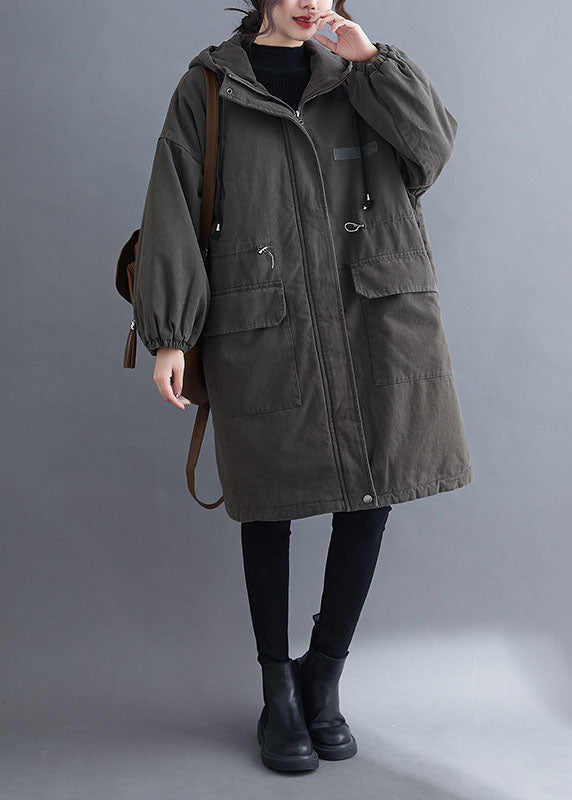 Organic Grey Hooded Zippered Pockets Winter Long sleeve Coat - Down Jackets - DYAVOR®