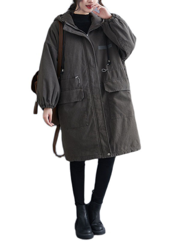 Organic Grey Hooded Zippered Pockets Winter Long sleeve Coat - Down Jackets - DYAVOR®