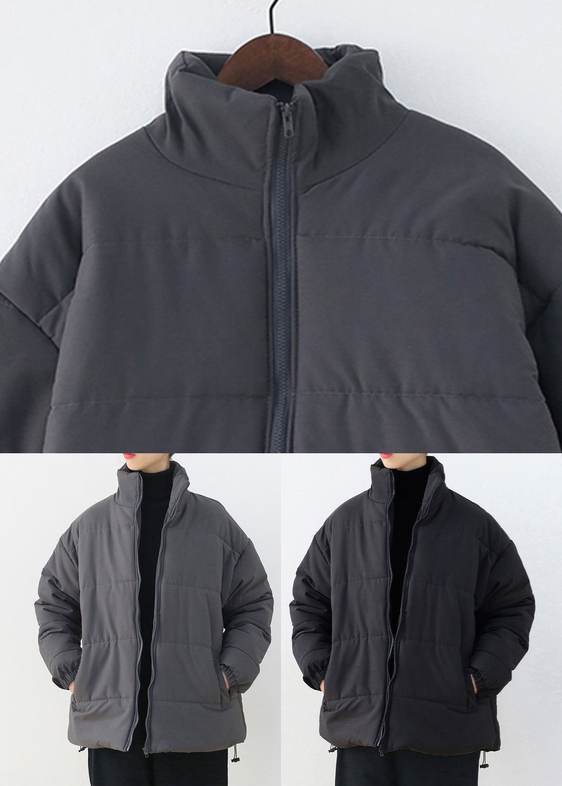 Organic Grey Stand Collar Zippered Thick Parka Winter - Down Jackets - DYAVOR®