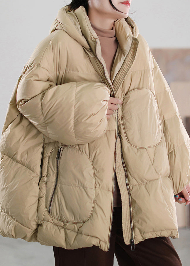 Organic Khaki Stand Collar Zippered Patchwork Hooded Duck Down Down Coat Winter - Down Jackets - DYAVOR®
